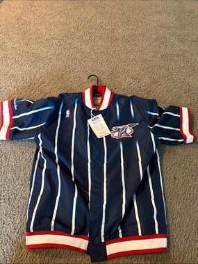 Mitchell & Ness Navy Pinstripe Basketball Jacket with Red & White Trim